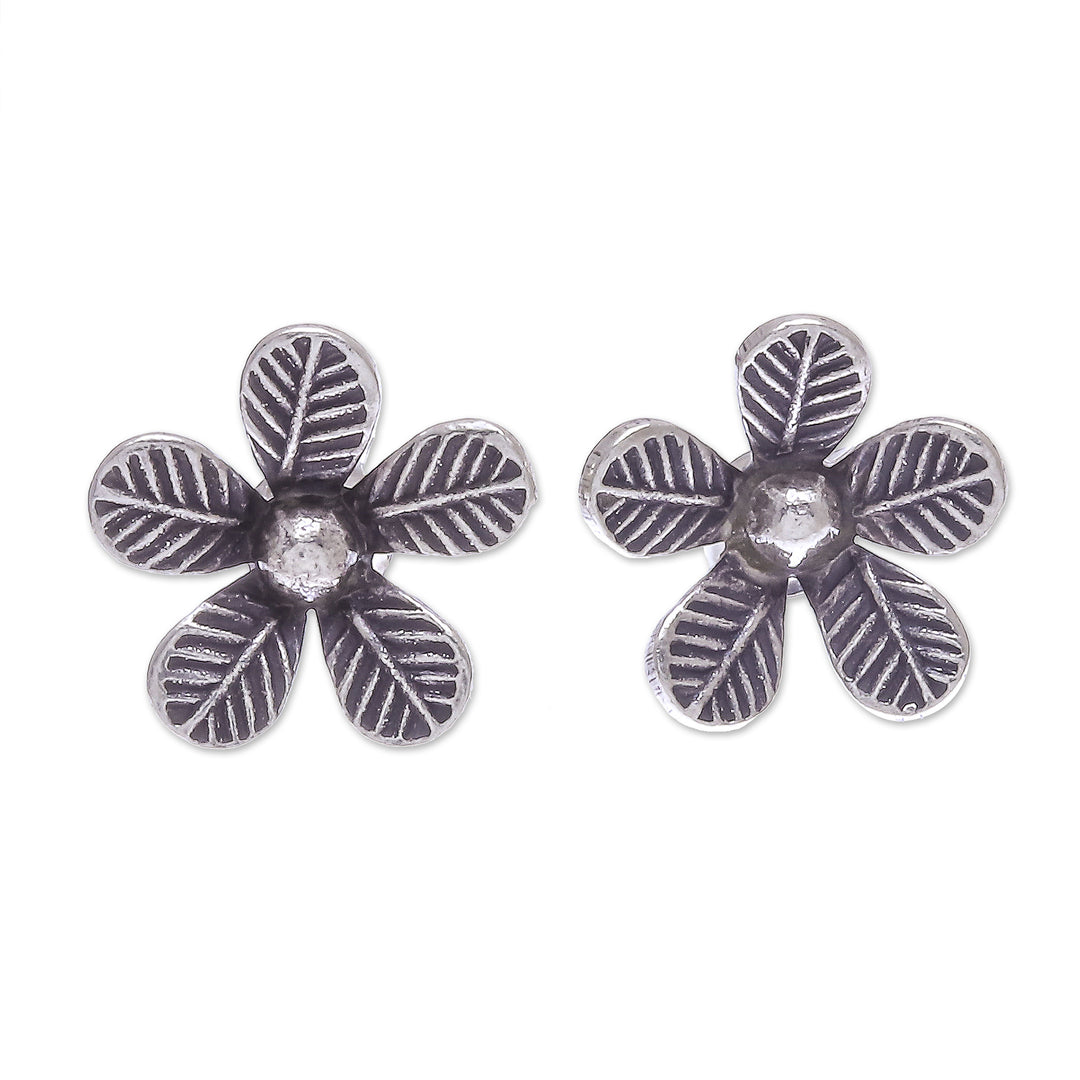 Artisan Made Sterling Silver Floral Button Earrings - Leafy Flowers