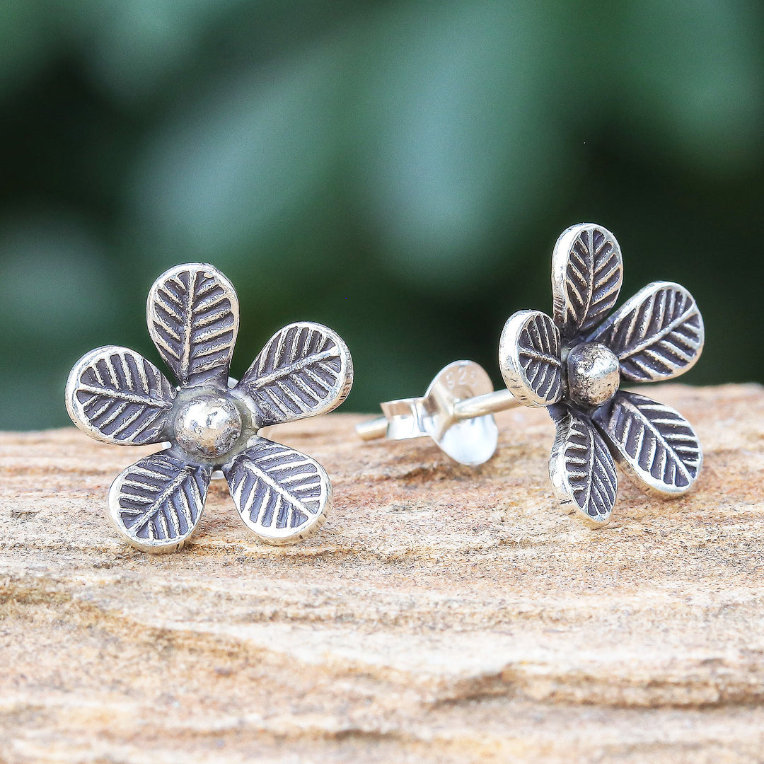 Artisan Made Sterling Silver Floral Button Earrings - Leafy Flowers