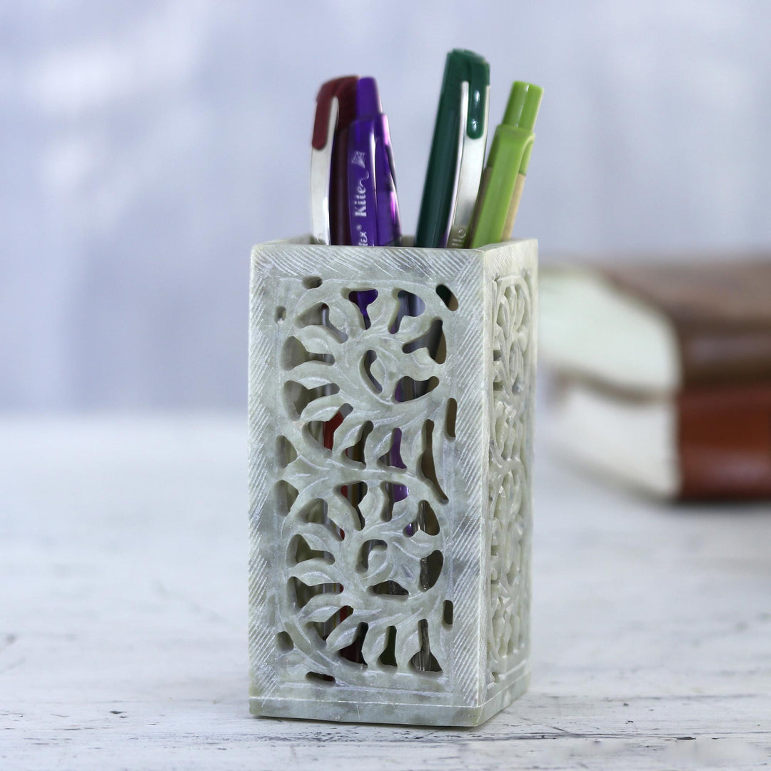 Hand Carved Soapstone Pen Holder from India - Office Order