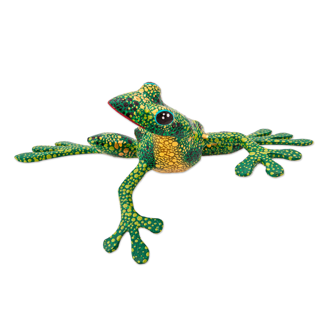Handmade Wood Green Frog Alebrije Sculpture from Mexico - Green Tree Frog