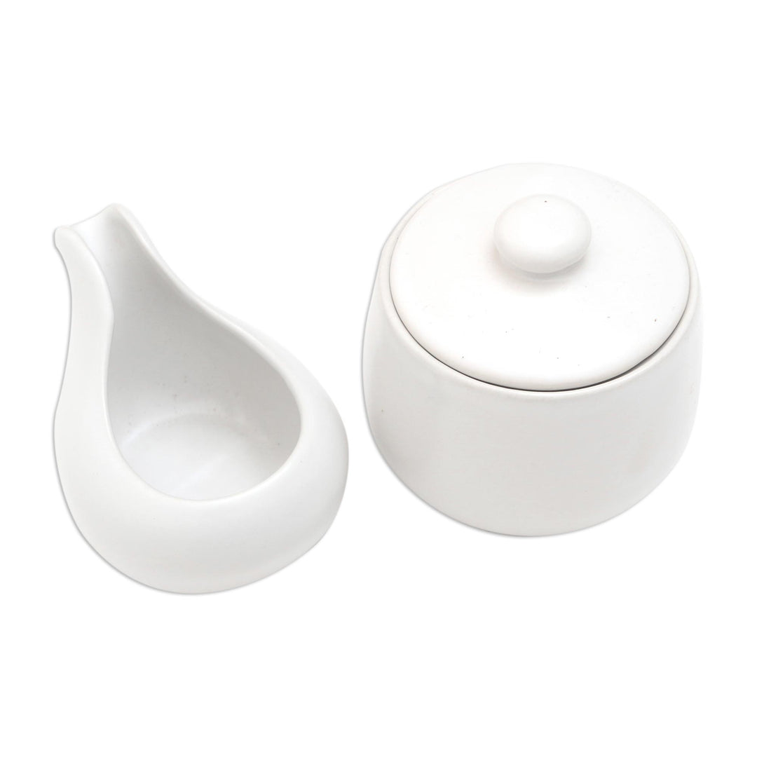 White Ceramic Cream and Sugar Set (Pair) - Coffee Time in White