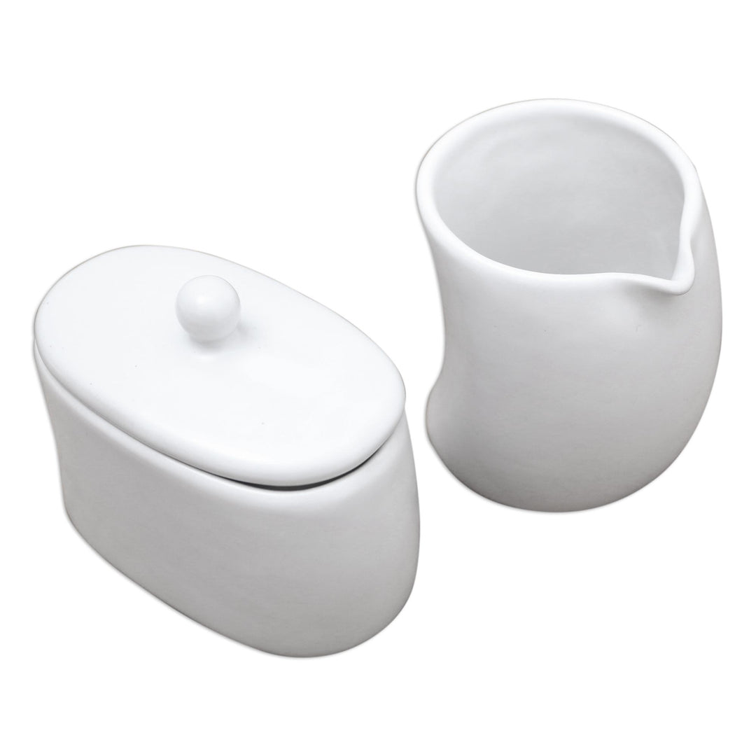White Ceramic Cream and Sugar Condiment Set (Pair) - Sweet Morning in White