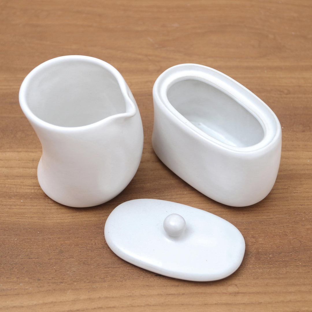 White Ceramic Cream and Sugar Condiment Set (Pair) - Sweet Morning in White
