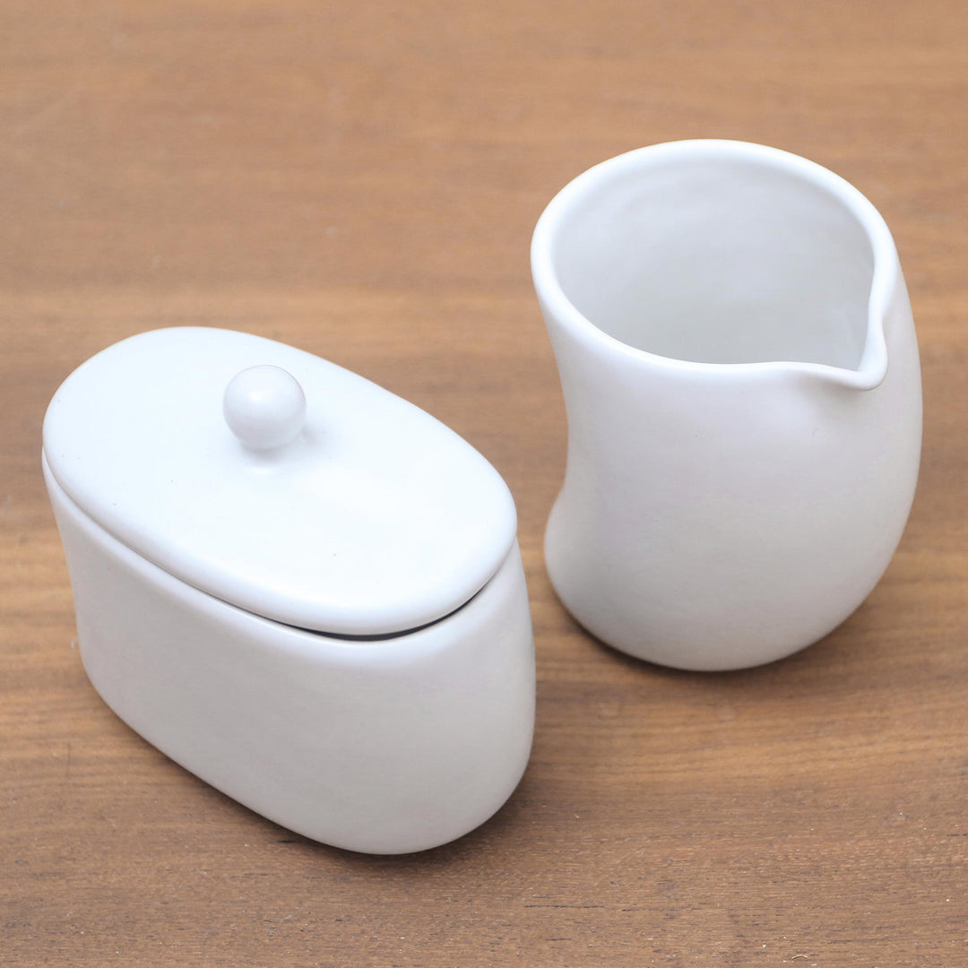 White Ceramic Cream and Sugar Condiment Set (Pair) - Sweet Morning in White