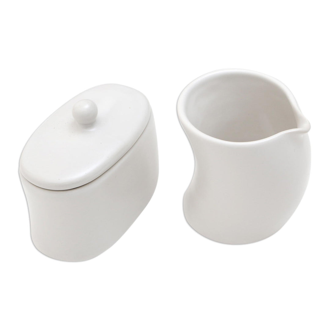 White Ceramic Cream and Sugar Condiment Set (Pair) - Sweet Morning in White