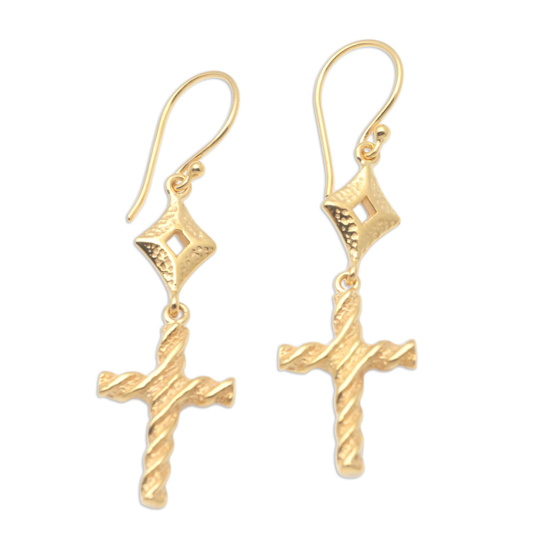 Gold-Plated Brass Cross Dangle Earrings - Wrapped Cross
