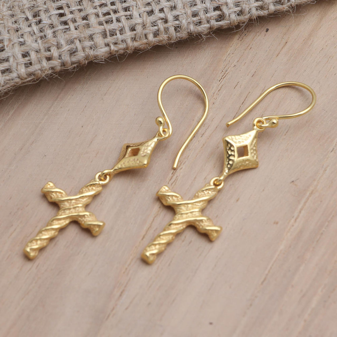 Gold-Plated Brass Cross Dangle Earrings - Wrapped Cross