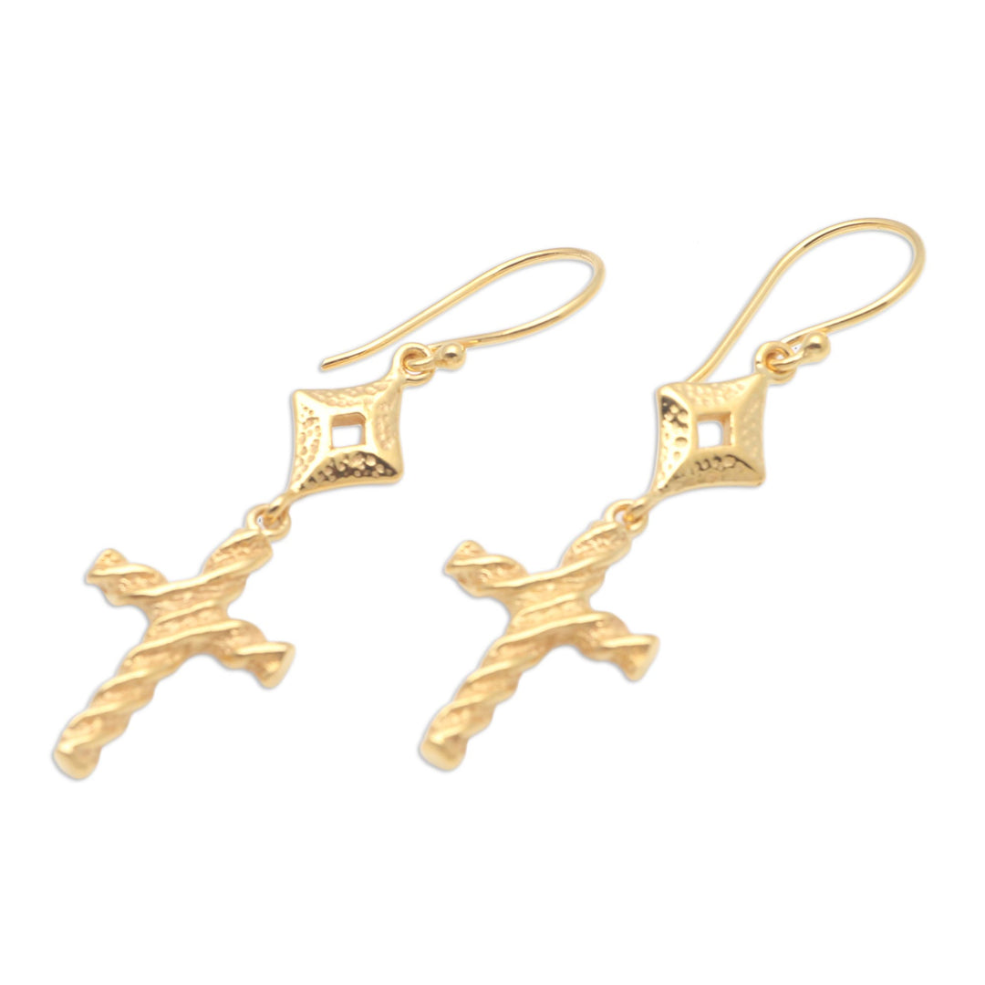 Gold-Plated Brass Cross Dangle Earrings - Wrapped Cross