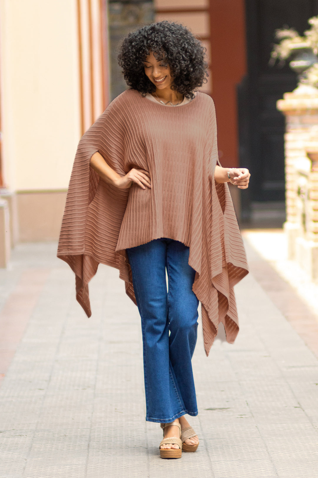Organic Pima Cotton Knitted Poncho in Peach from Peru - Pintu Spring in Peach