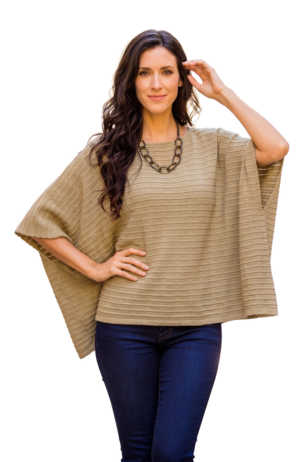 Organic Pima Cotton Textured Poncho in Sand Brown from Peru - Warmi Sands