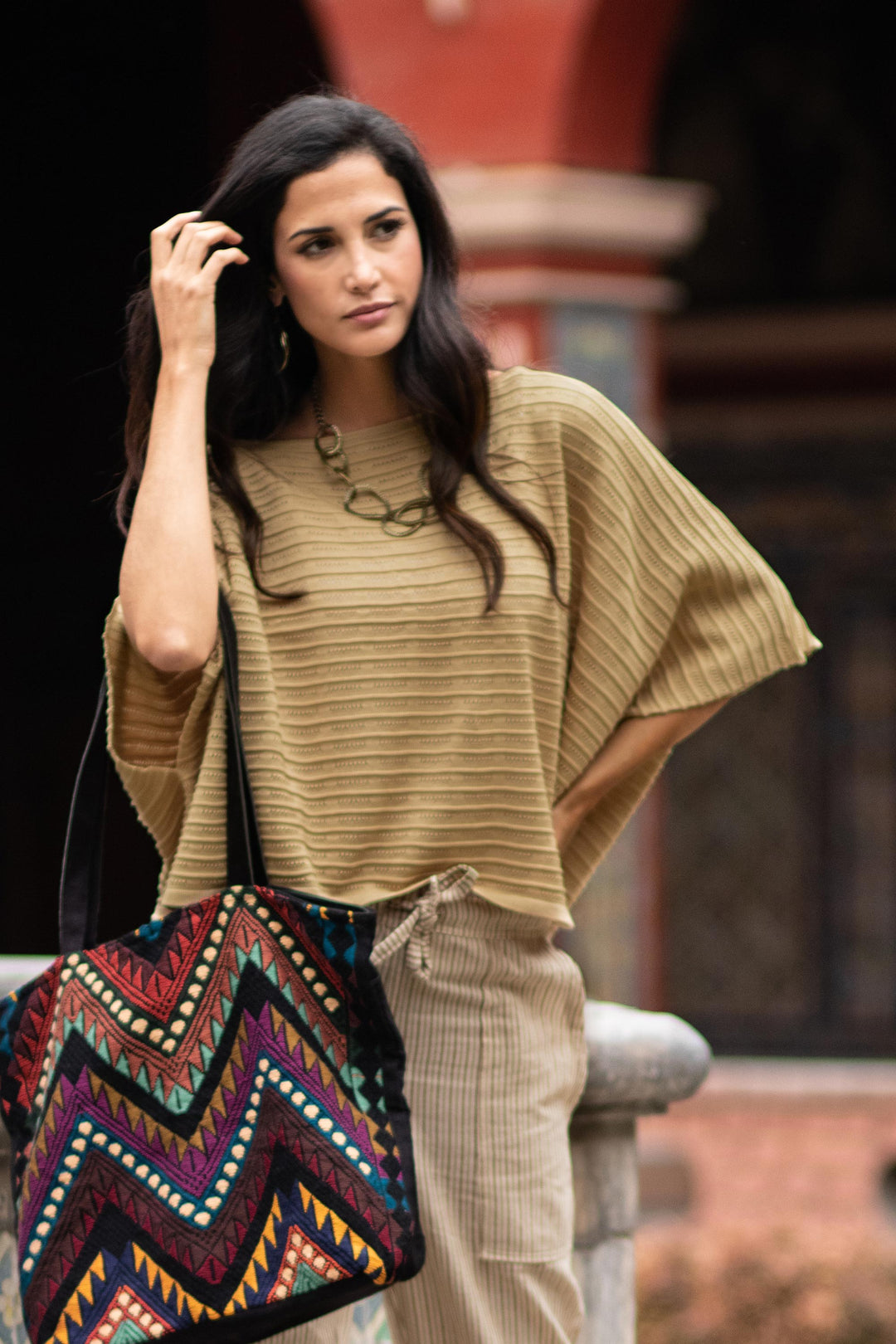 Organic Pima Cotton Textured Poncho in Sand Brown from Peru - Warmi Sands