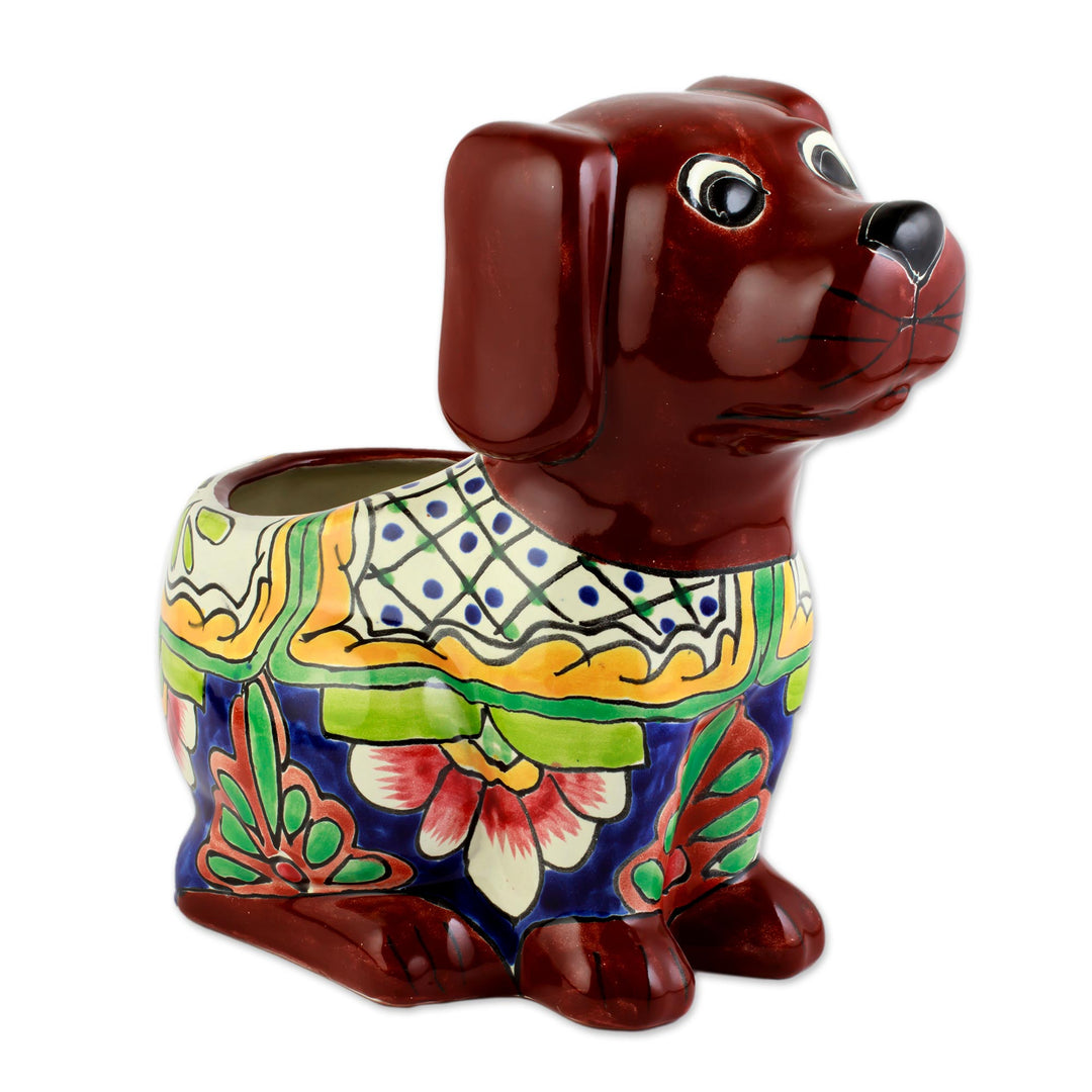 Talavera Style Dog-Themed Ceramic Planter from Mexico - Talavera Dog