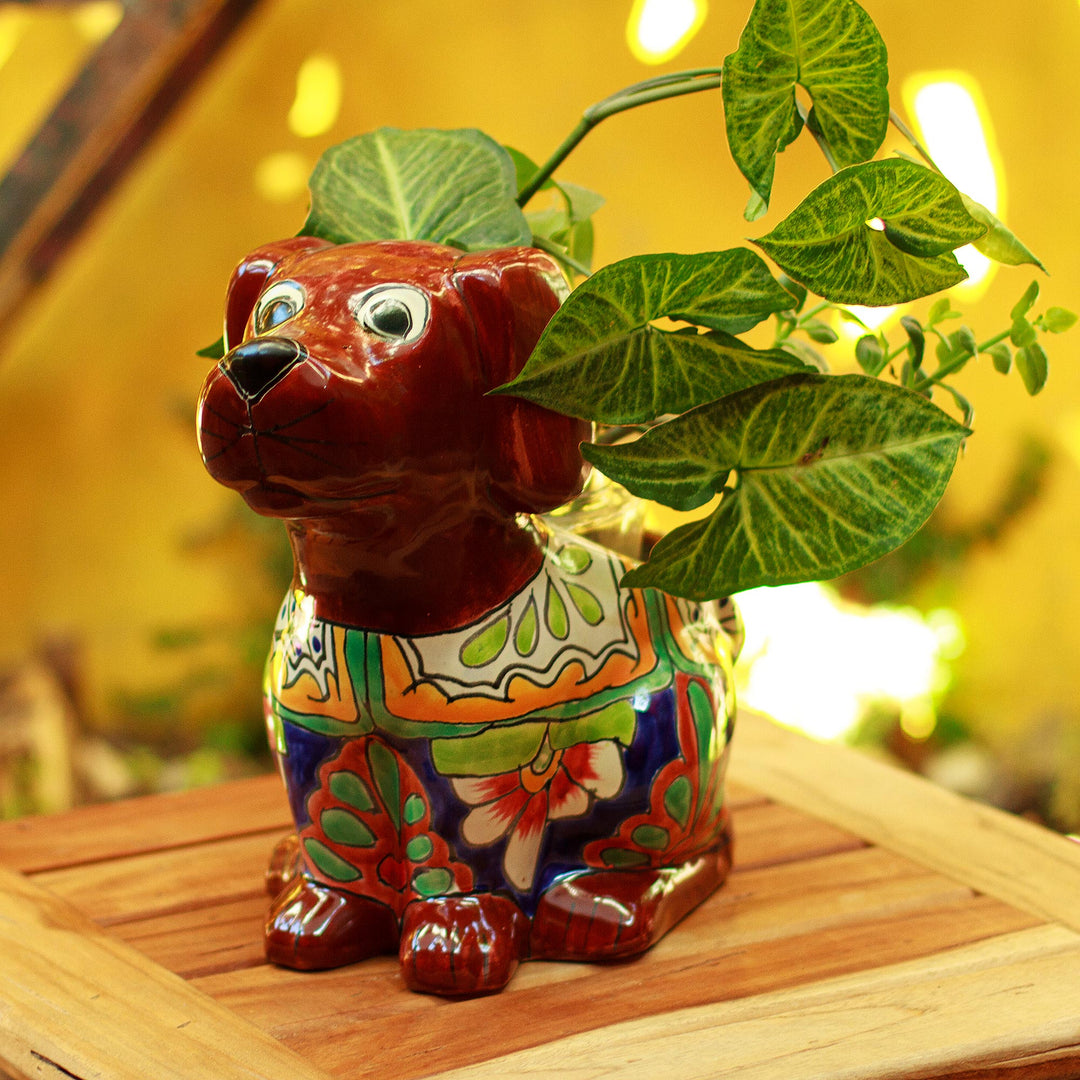 Talavera Style Dog-Themed Ceramic Planter from Mexico - Talavera Dog