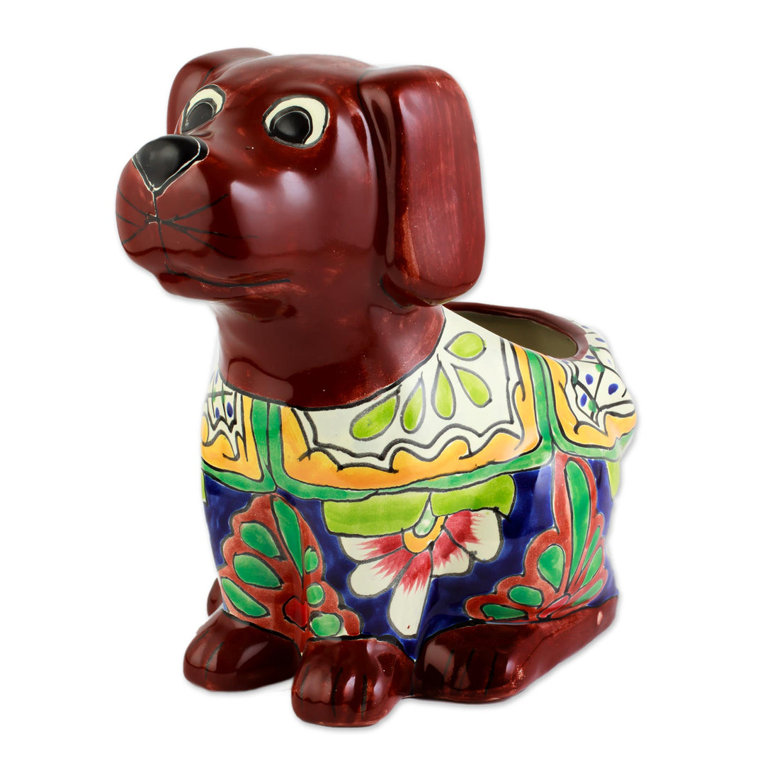 Talavera Style Dog-Themed Ceramic Planter from Mexico - Talavera Dog