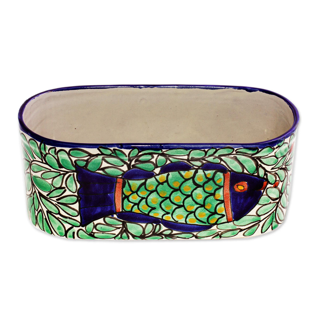 Talavera Style Fish-themed Ceramic Planter Box from Mexico - Pescado Azul