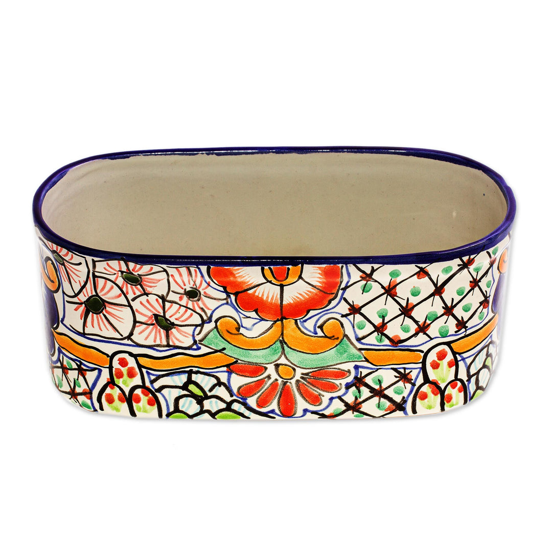 Talavera Style Ceramic Planter Box from Mexico - Rosas