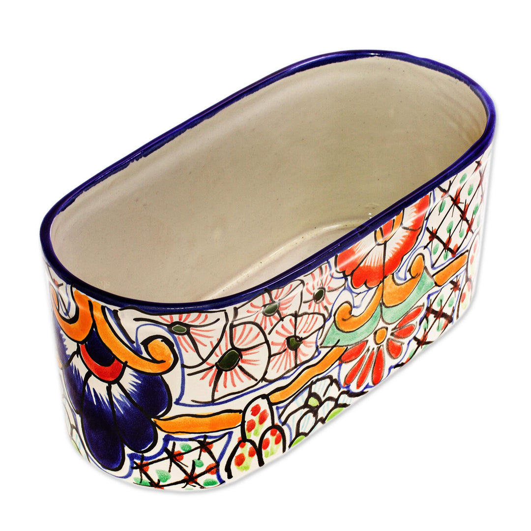 Talavera Style Ceramic Planter Box from Mexico - Rosas