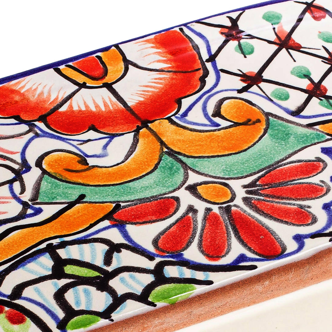 Talavera Style Ceramic Planter Box from Mexico - Rosas