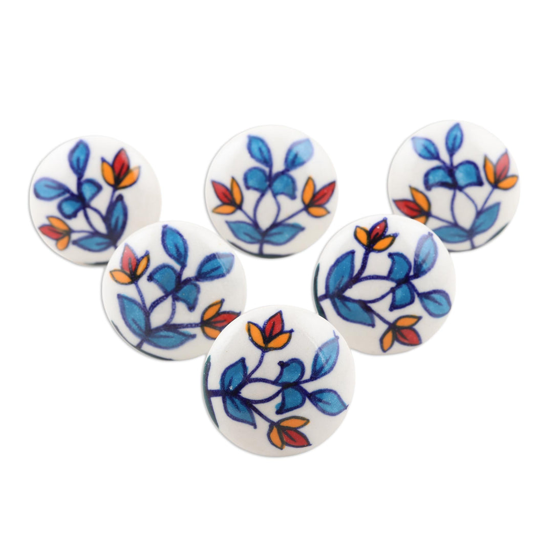 Hand-Painted Leaf-Motif Ceramic Knobs (Set of 6) - Cheerful Leaves