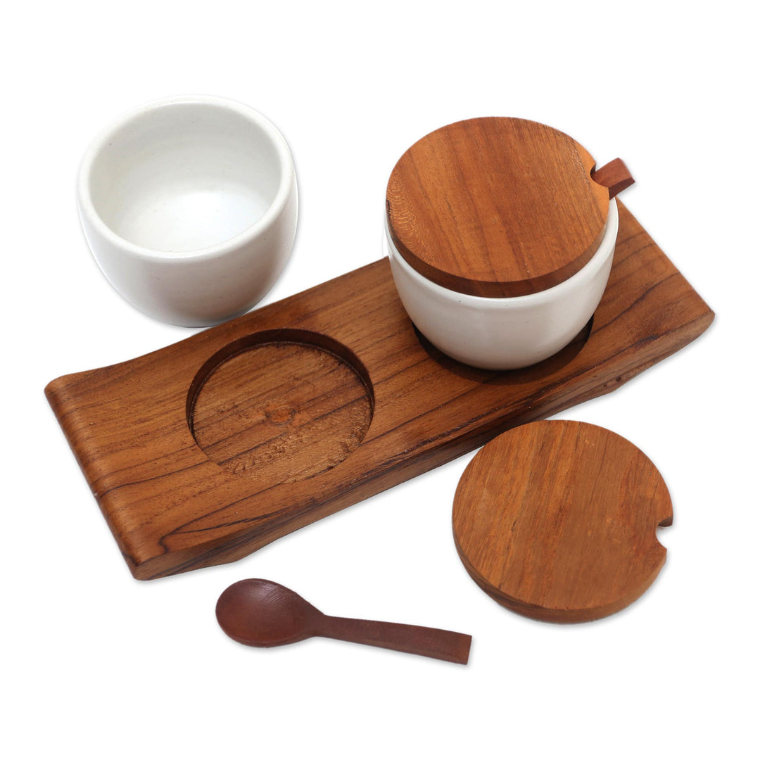 Hand Made Ceramic and Teak Wood Condiment Set - Flavor Duo in White