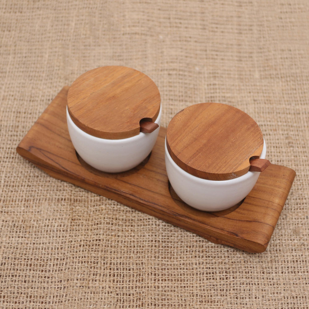 Hand Made Ceramic and Teak Wood Condiment Set - Flavor Duo in White