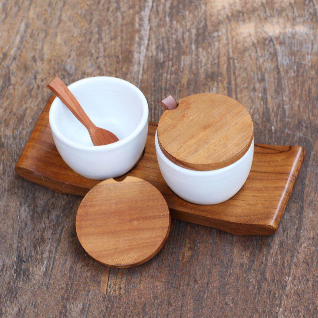 Hand Made Ceramic and Teak Wood Condiment Set - Flavor Duo in White