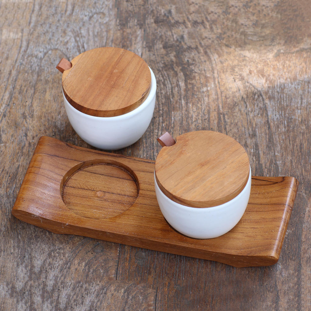 Hand Made Ceramic and Teak Wood Condiment Set - Flavor Duo in White