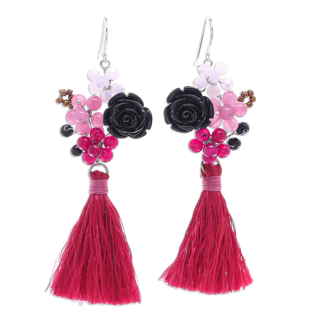 Quartz and Glass Beaded Dangle Earrings - Candy Bouquet in Deep Pink