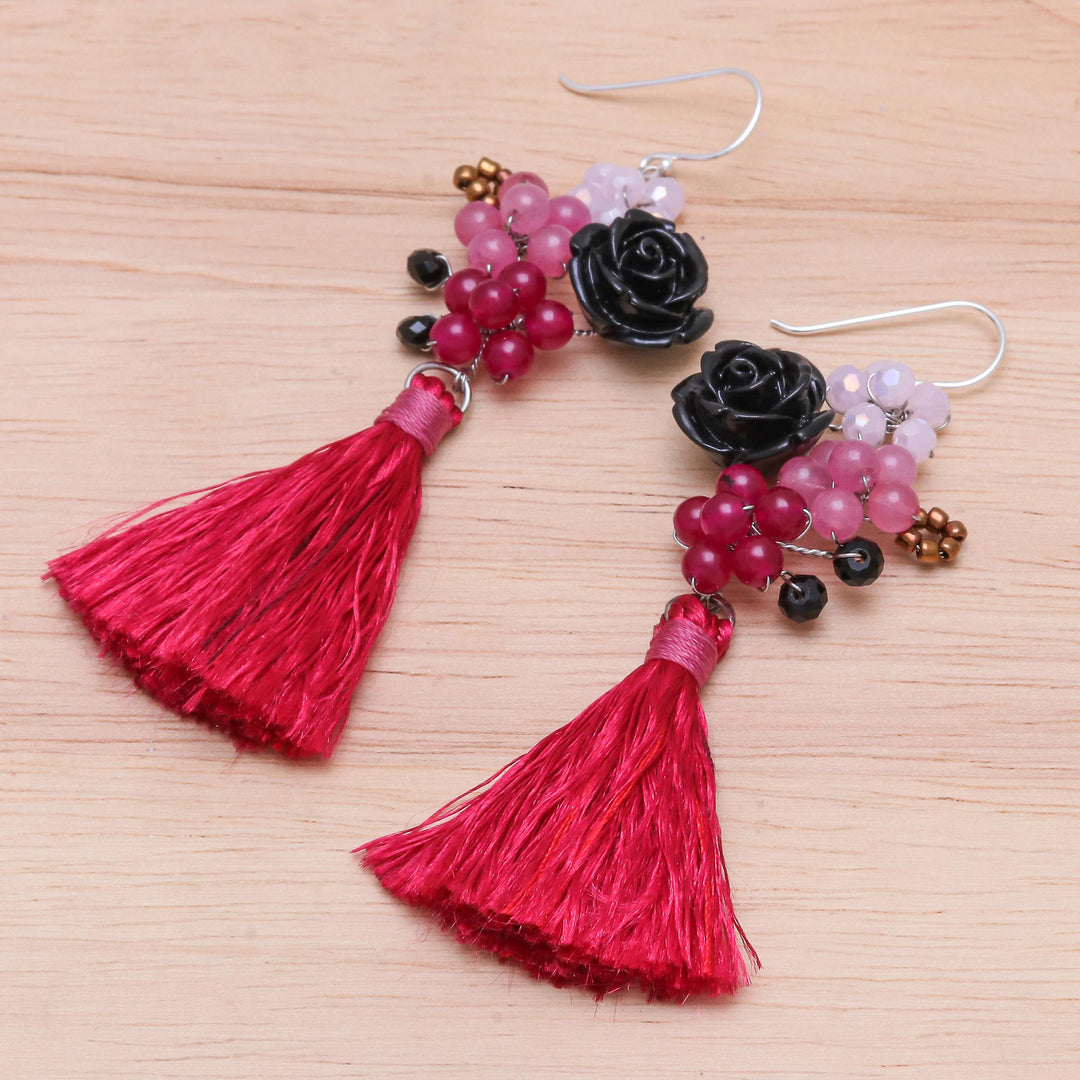 Quartz and Glass Beaded Dangle Earrings - Candy Bouquet in Deep Pink
