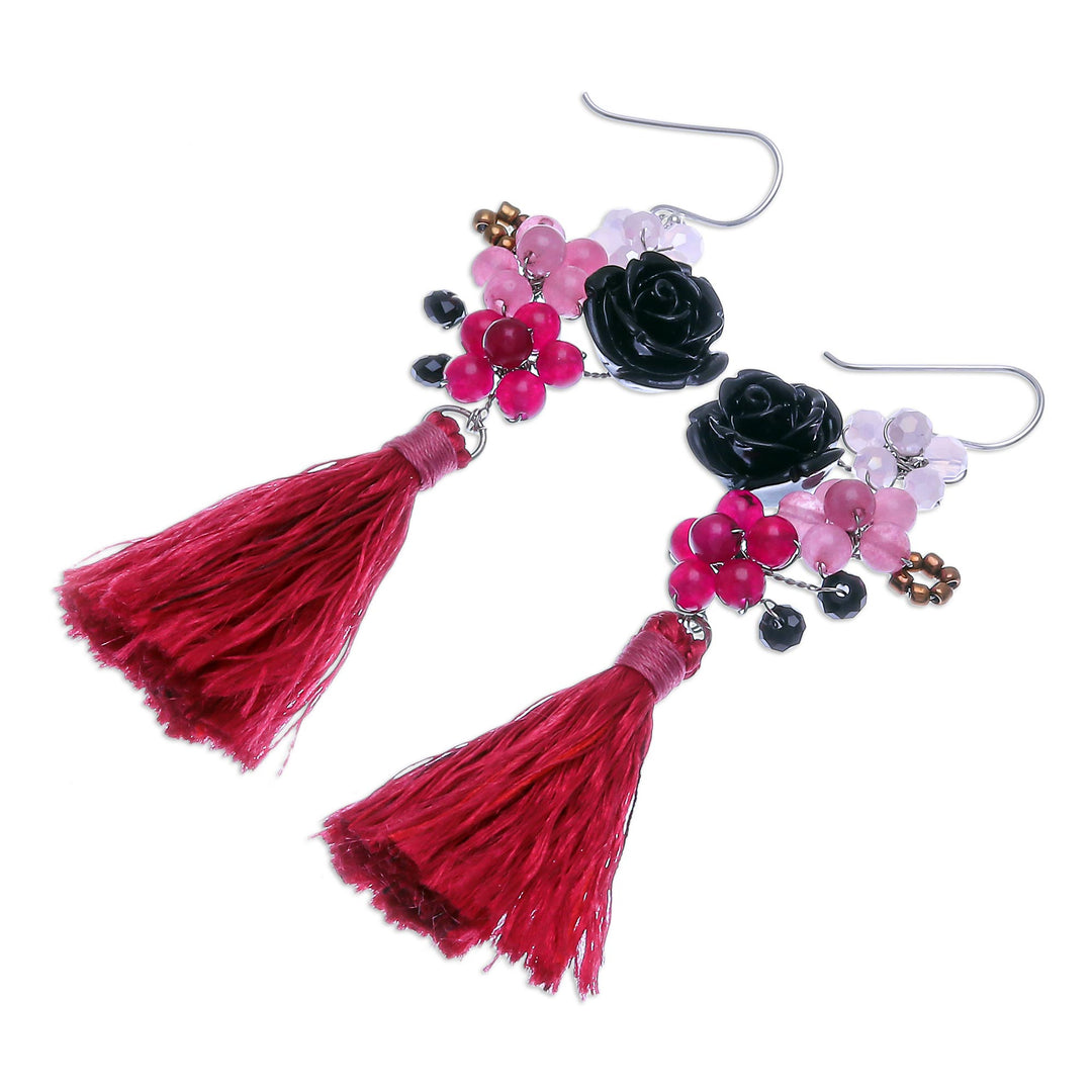 Quartz and Glass Beaded Dangle Earrings - Candy Bouquet in Deep Pink