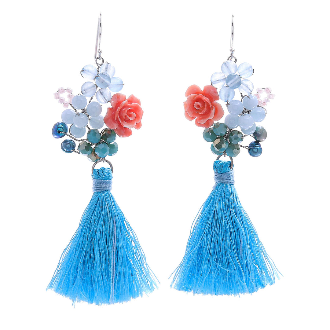 Chalcedony and Cultured Pearl Dangle Earrings - Candy Bouquet in Blue