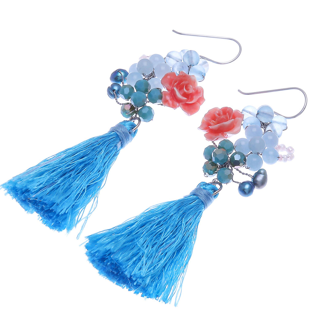 Chalcedony and Cultured Pearl Dangle Earrings - Candy Bouquet in Blue