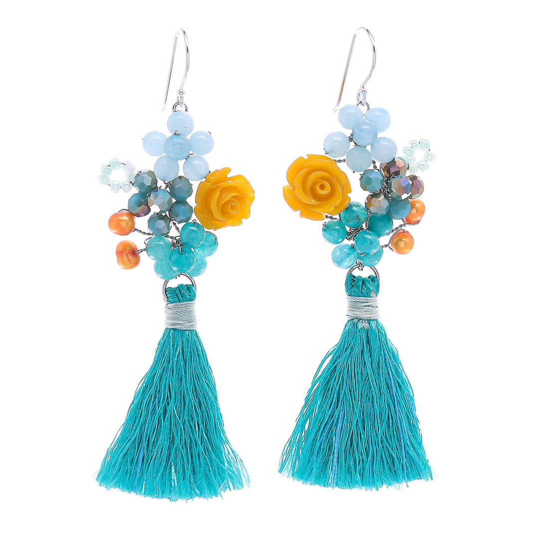 Quartz and Cultured Freshwater Pearl Dangle Earrings - Candy Bouquet in Turquoise