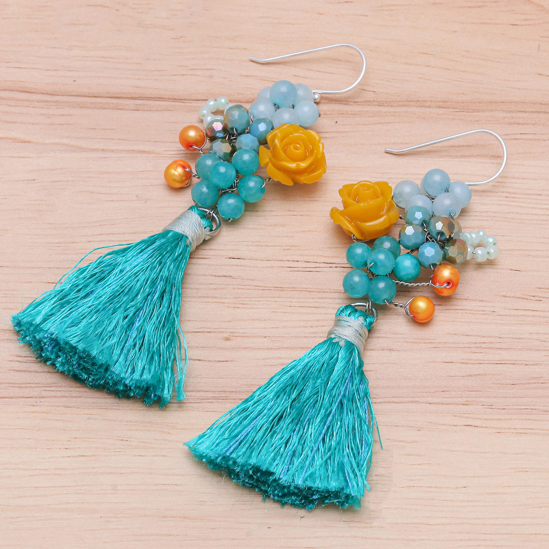 Quartz and Cultured Freshwater Pearl Dangle Earrings - Candy Bouquet in Turquoise