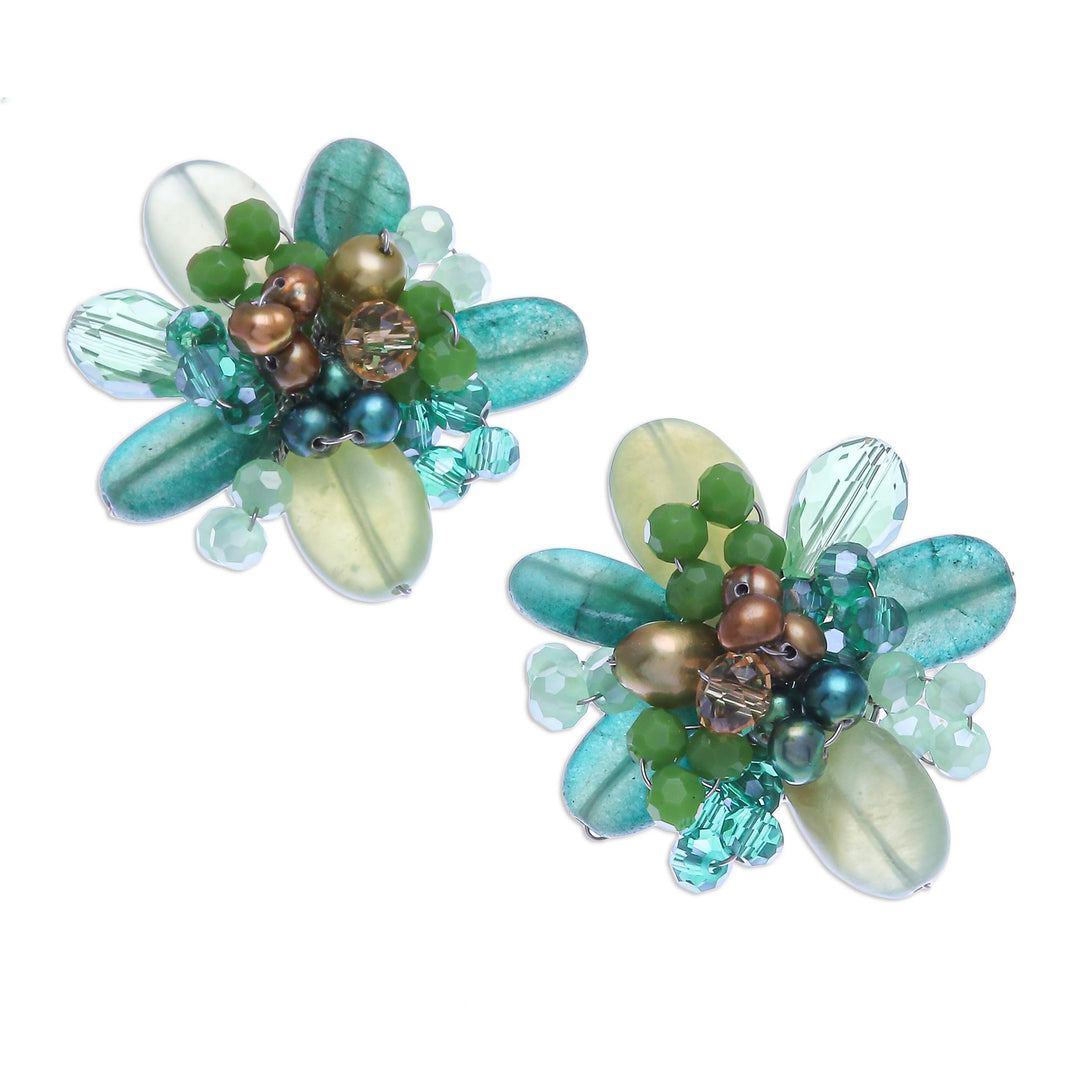 Quartz and Cultured Pearl Cluster Clip-On Earrings - Solaris in Green