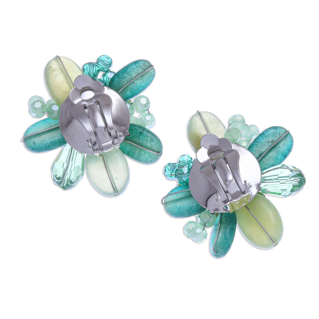 Quartz and Cultured Pearl Cluster Clip-On Earrings - Solaris in Green
