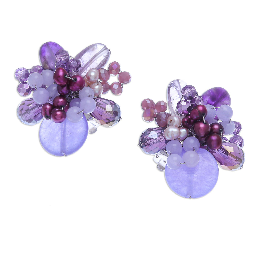 Amethyst and Cultured Pearl Cluster Clip-On Earrings - Solaris in Purple