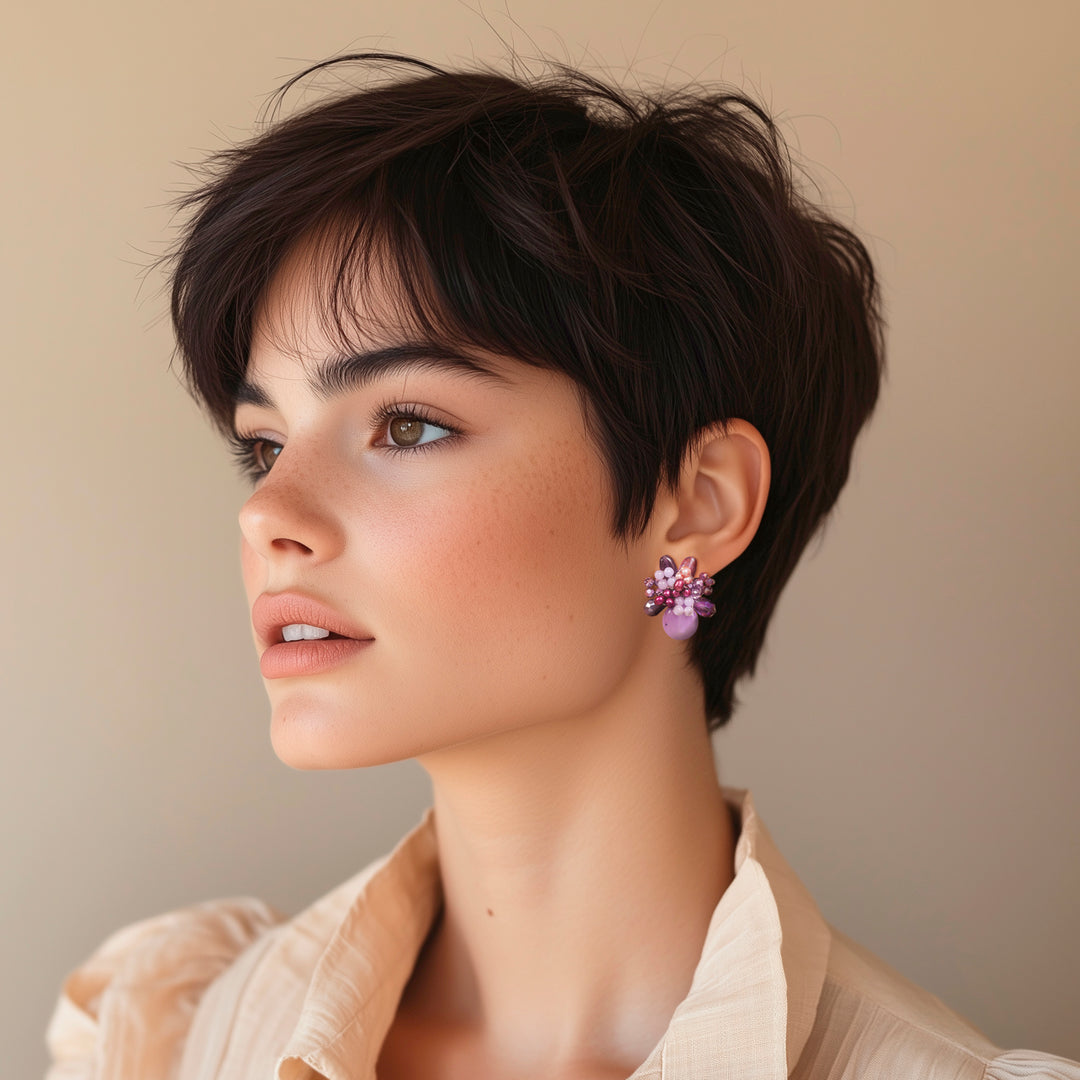 Amethyst and Cultured Pearl Cluster Clip-On Earrings - Solaris in Purple