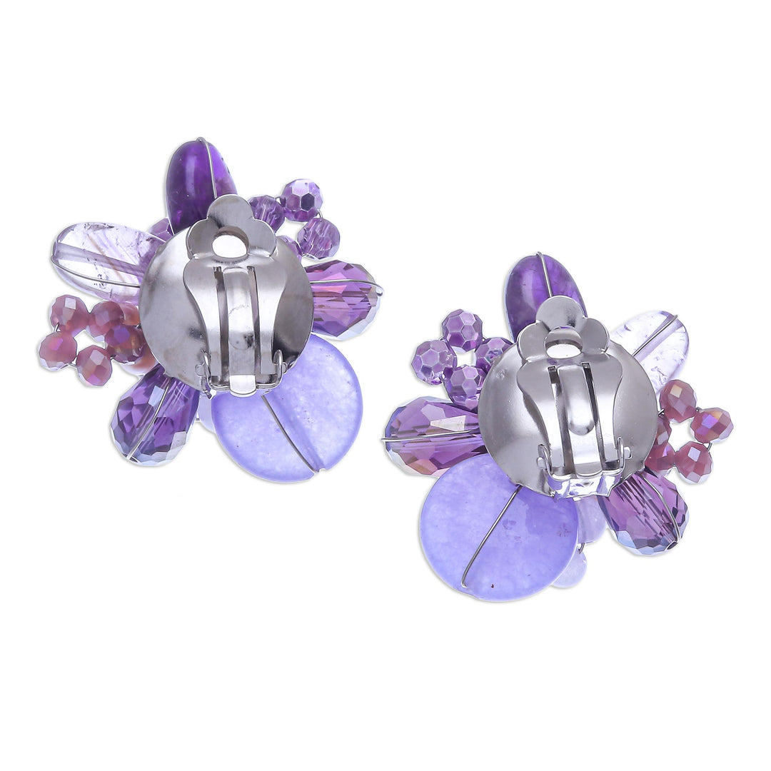 Amethyst and Cultured Pearl Cluster Clip-On Earrings - Solaris in Purple