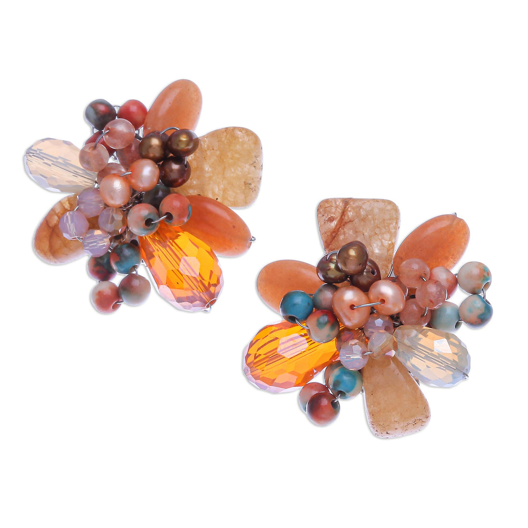 Quartz and Cultured Pearl Cluster Clip-On Earrings - Solaris in Orange