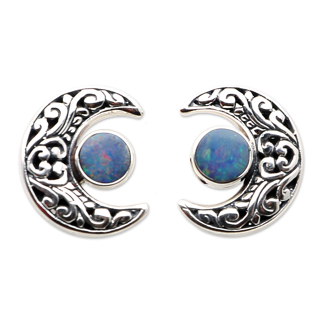 Opal and Sterling Silver Crescent Moon Button Earrings - Embellished Moon