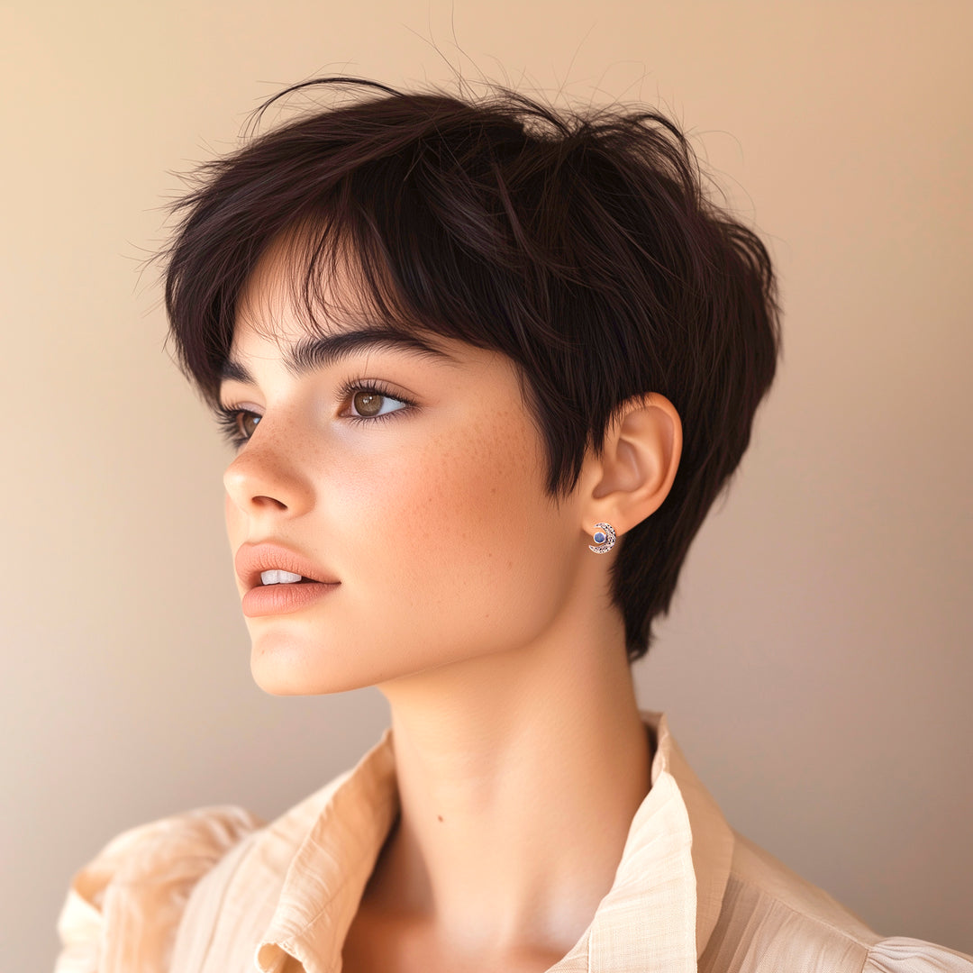 Opal and Sterling Silver Crescent Moon Button Earrings - Embellished Moon