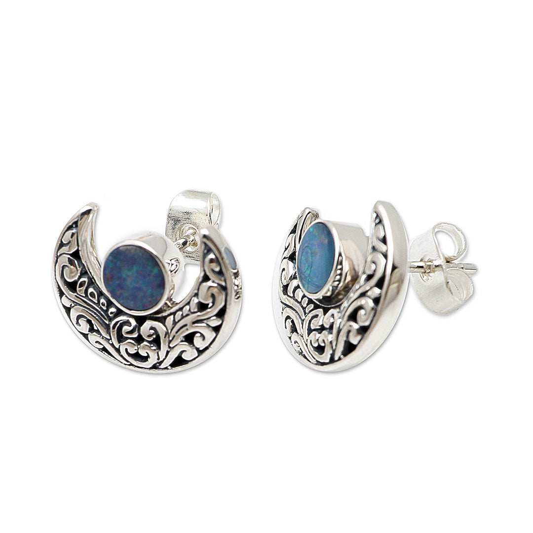 Opal and Sterling Silver Crescent Moon Button Earrings - Embellished Moon