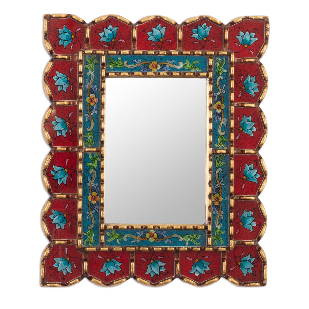 Reverse-Painted Glass Wall Mirror with Bronze Leaf Accents - Cuzco Blossoms in Red