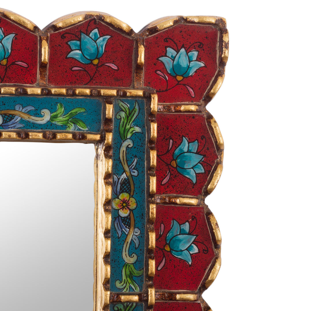 Reverse-Painted Glass Wall Mirror with Bronze Leaf Accents - Cuzco Blossoms in Red