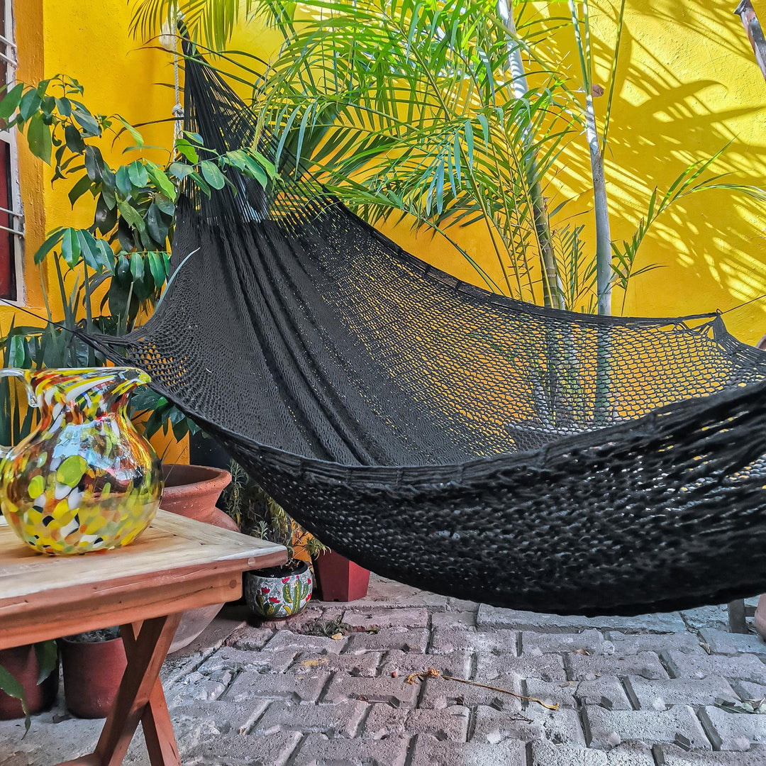 Handmade Black Cotton Hammock (Double) - Uxmal Night
