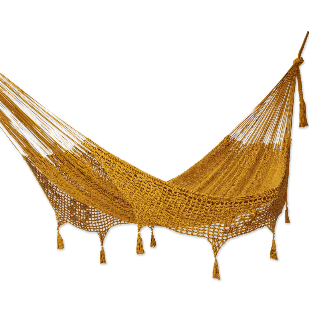 Amber Brown Tasseled Cotton Hammock (Double) from Mexico - Veranda in Honey