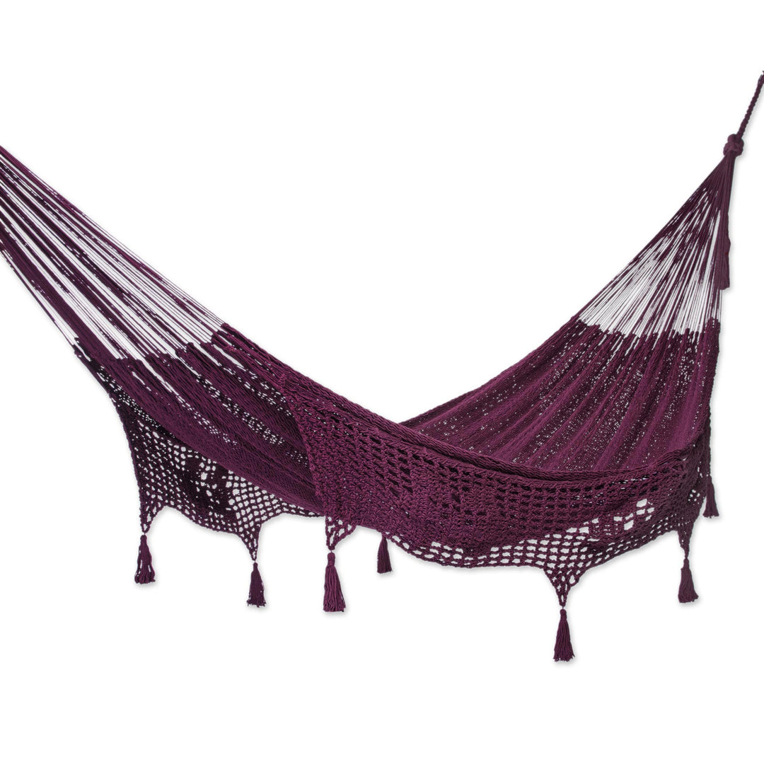 Burgundy Tasseled Cotton Hammock (Triple) from Mexico - Veranda in Bordeaux