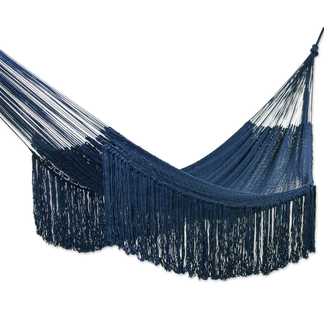 Fringed Navy Cotton Rope Hammock (Double) From Mexico - Yucatan Dreams