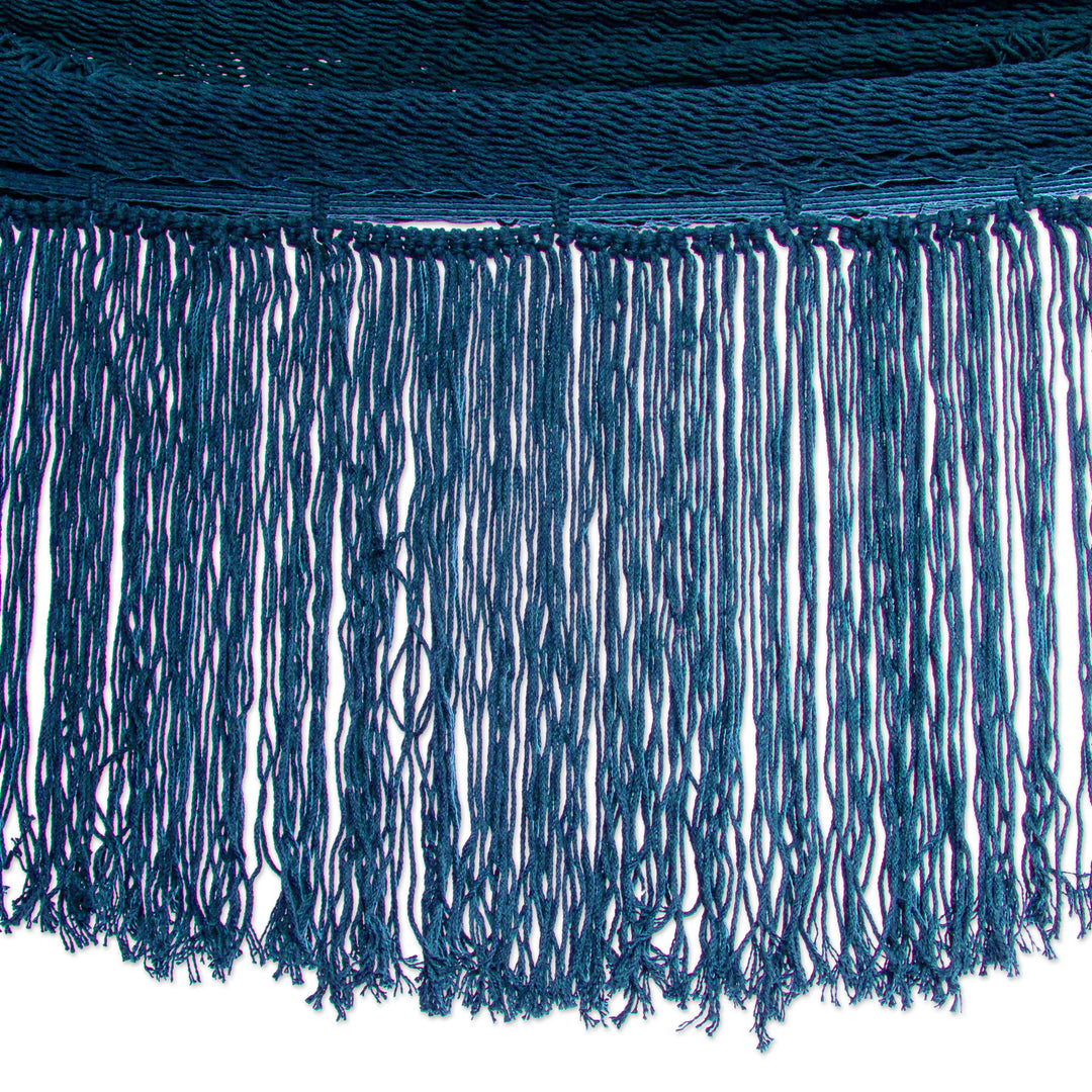 Fringed Navy Cotton Rope Hammock (Double) From Mexico - Yucatan Dreams